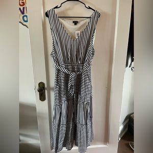 Navy blue and white striped sleeveless dress